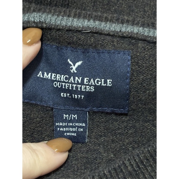 American Eagle Mens Medium Brown V Neck Sweater 100% Cotton Pullover M - Picture 4 of 6